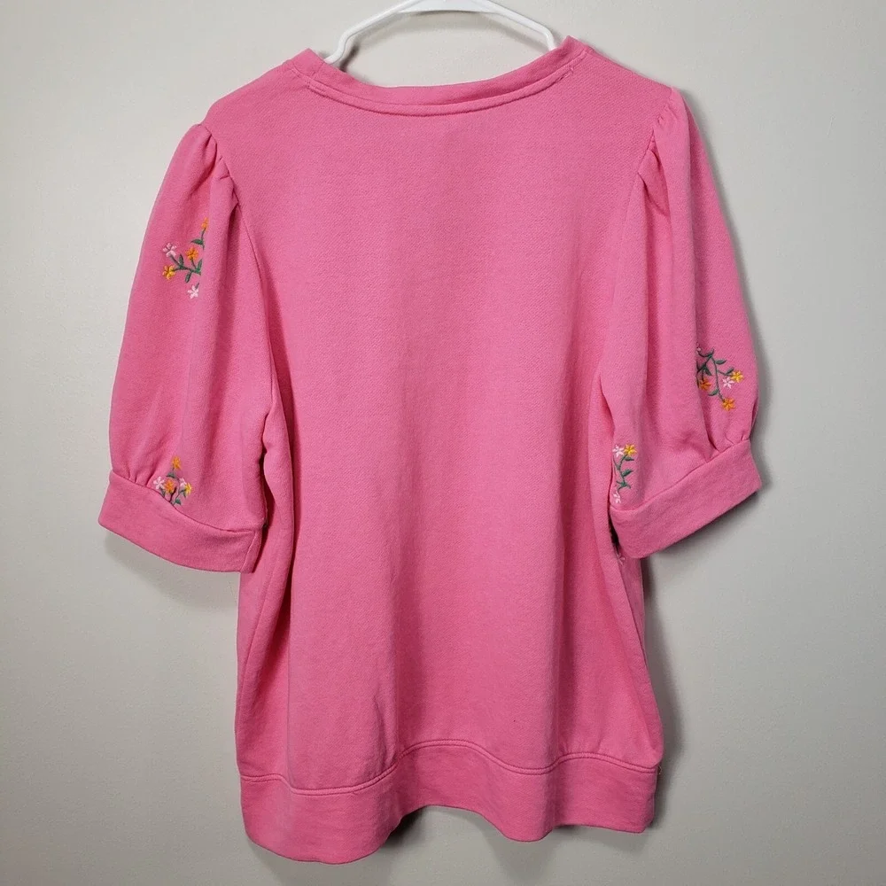 NWT Crown & Ivy Pink Floral Embroidered Short Sleeve Knit Top Sz XL - Picture 2 of 9